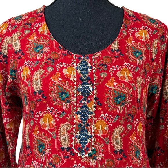 Arhaa Red Paisley Viscose Fit & Flare 3/4 Sleeve Boho Ethnic Maxi Dress Size S - Picture 5 of 12